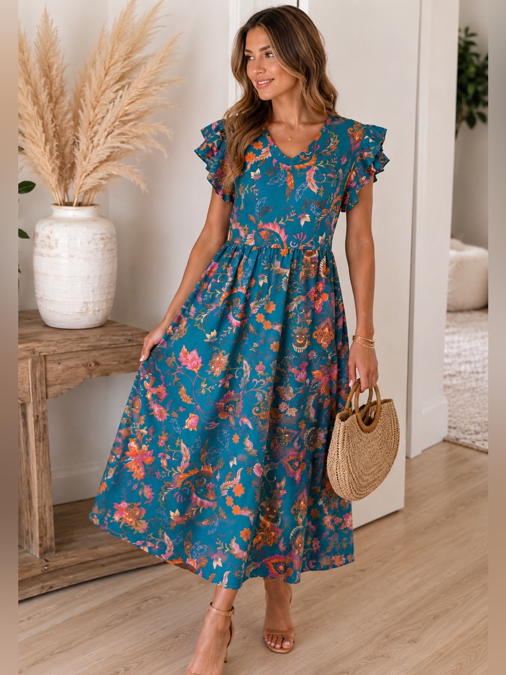 Teal Paisley Midi Dress M Flutter Sleeve Boho Cottagecore Women
